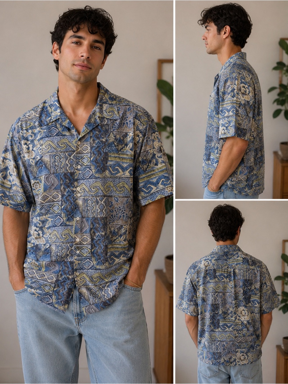 Norm Thompson Blue Hawaiian Camp Shirt Geometric Floral Men’s L